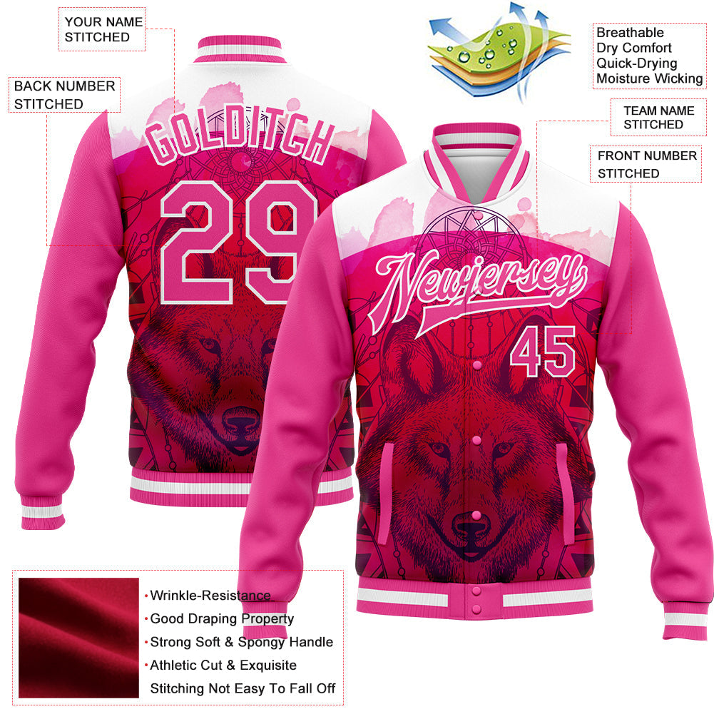 Custom Pink White Wolf With Dreamcatcher 3D Pattern Design Bomber Full-Snap Varsity Letterman Jacket view 5
