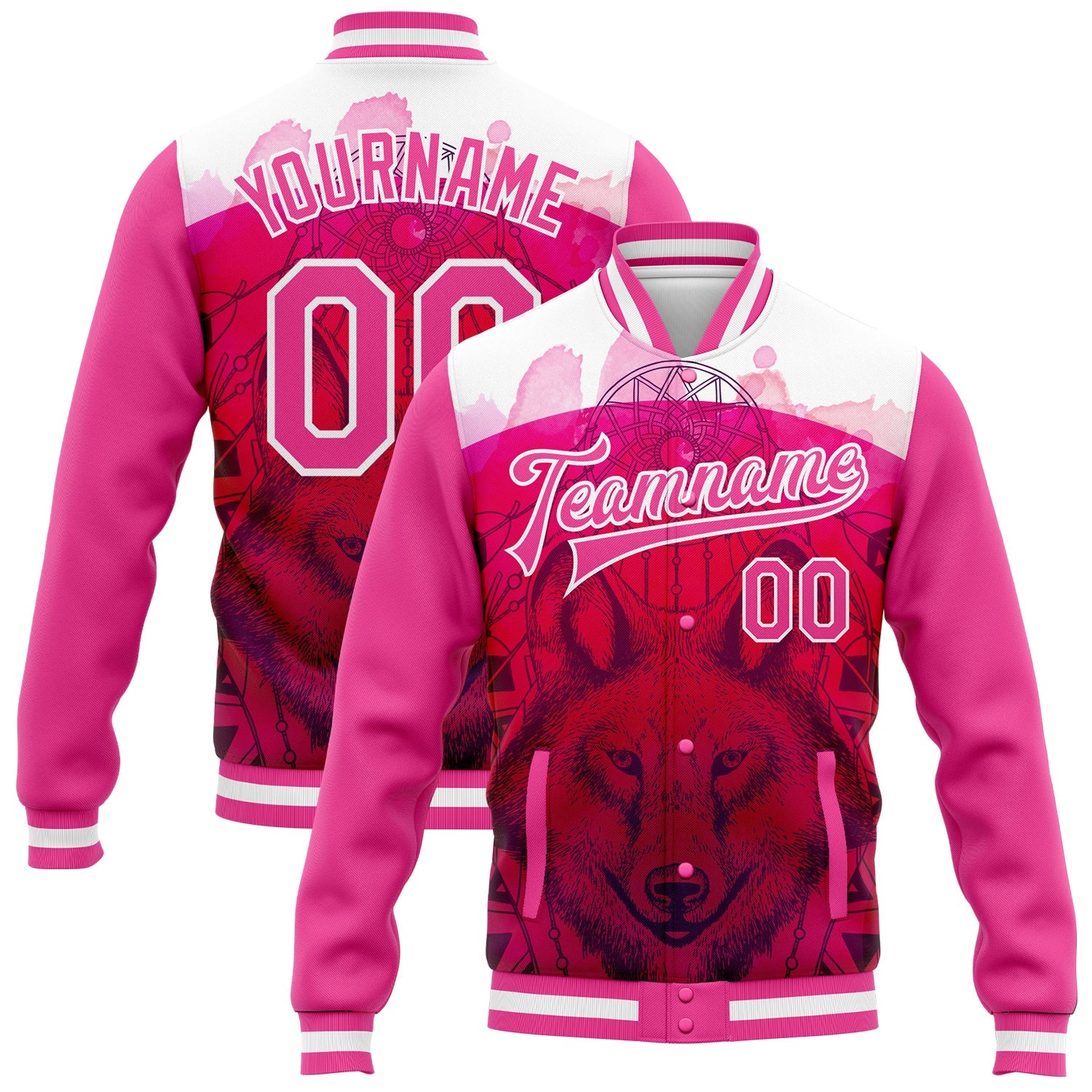 Custom Pink White Wolf With Dreamcatcher 3D Pattern Design Bomber Full-Snap Varsity Letterman Jacket - Main View