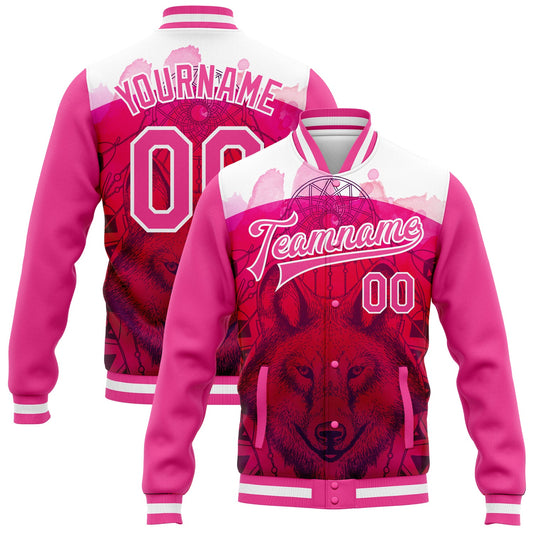 Custom Pink White Wolf With Dreamcatcher 3D Pattern Design Bomber Full-Snap Varsity Letterman Jacket - Main View