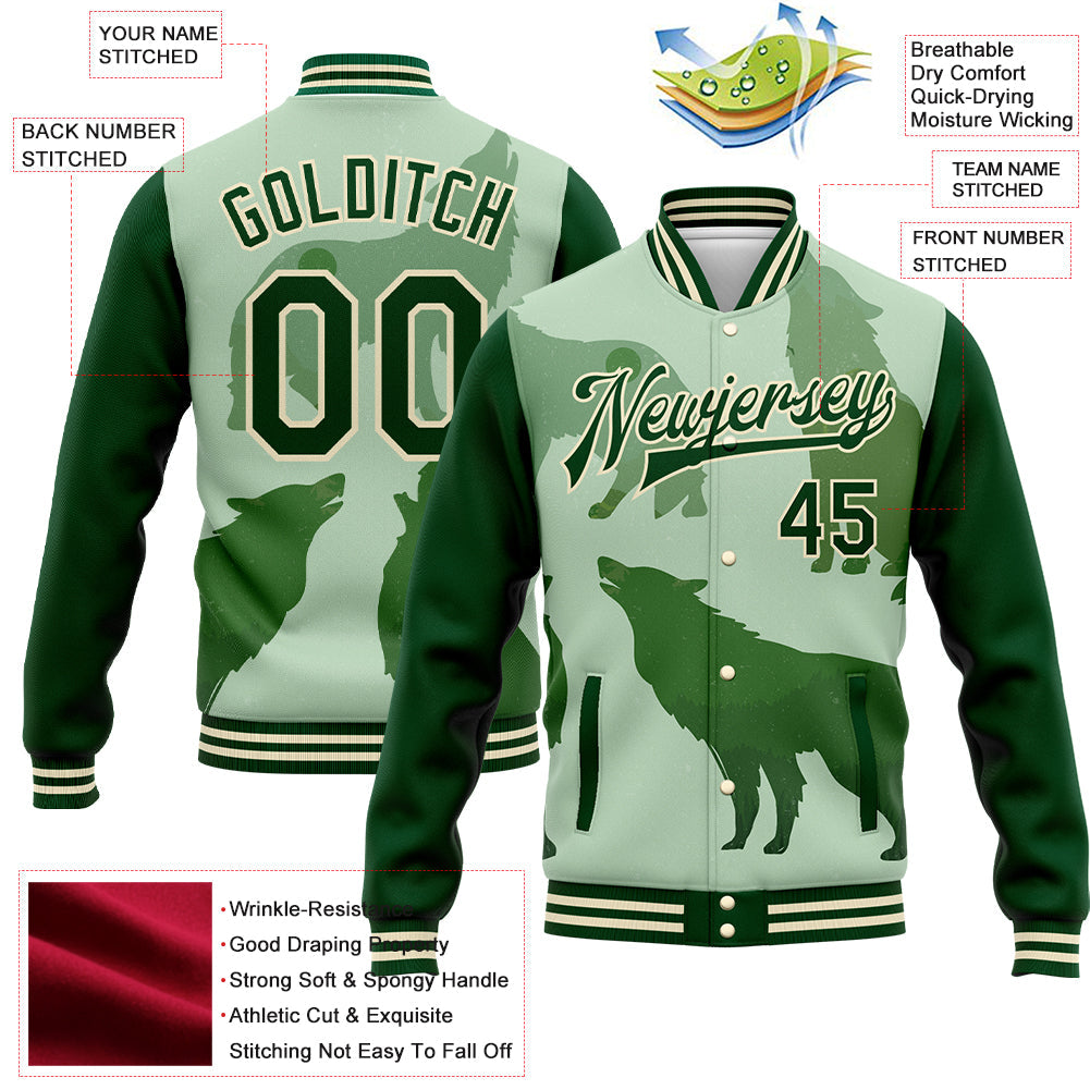 Custom Green Cream Wolf 3D Pattern Design Bomber Full-Snap Varsity Letterman Jacket view 5
