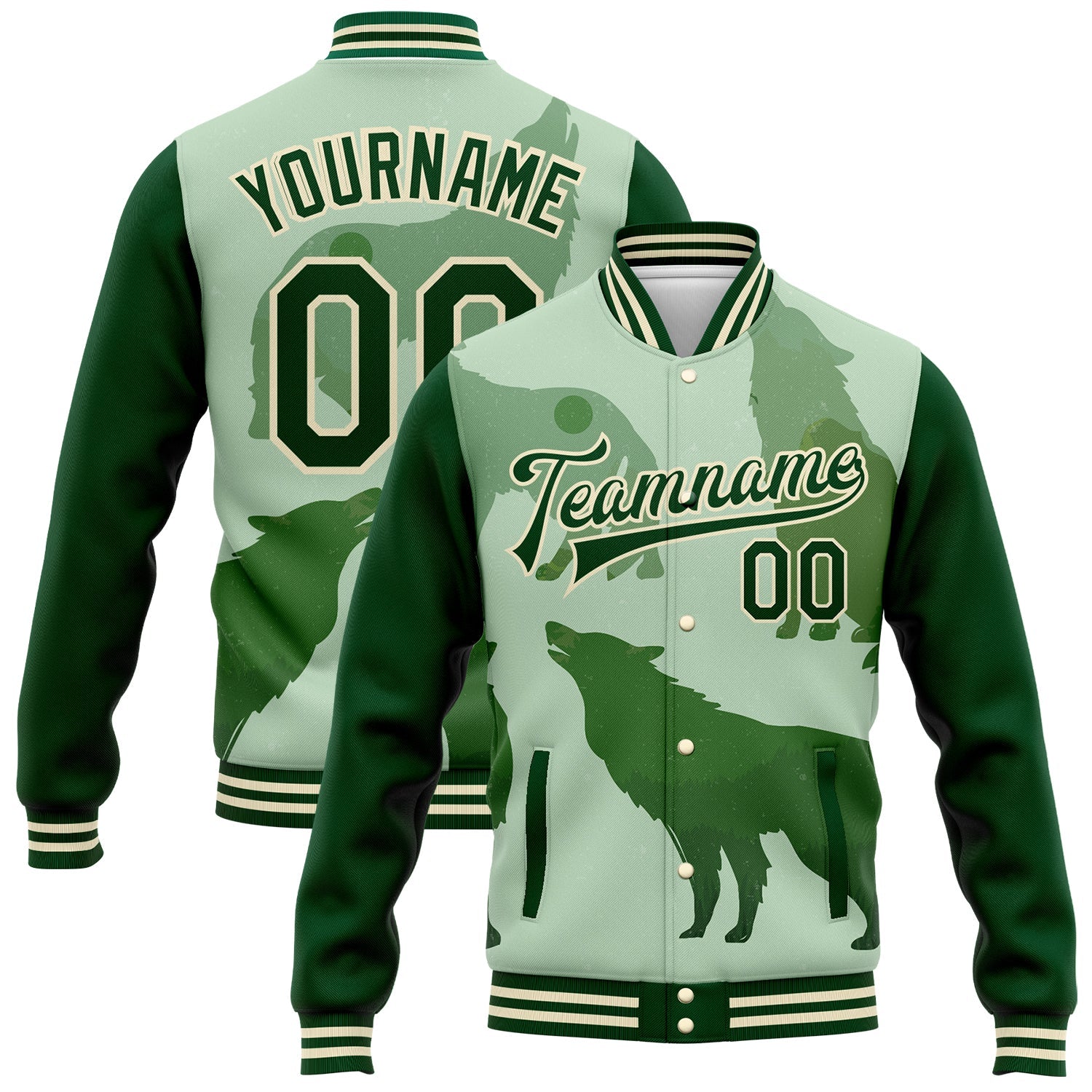 Custom Green Cream Wolf 3D Pattern Design Bomber Full-Snap Varsity Letterman Jacket - Main View