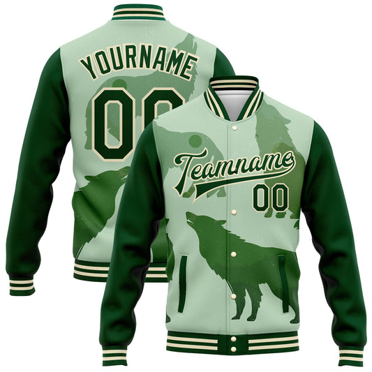 Custom Green Cream Wolf 3D Pattern Design Bomber Full-Snap Varsity Letterman Jacket - Main View