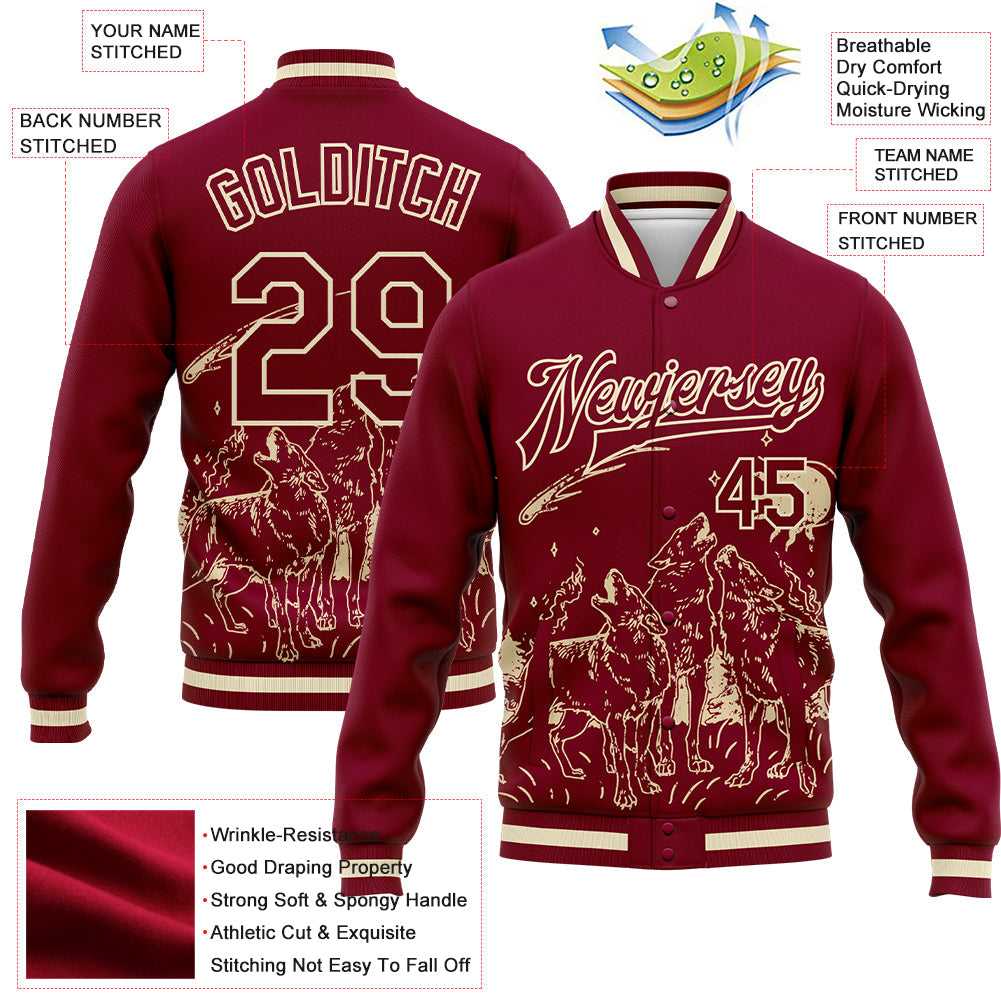 Custom Maroon Cream Wolf Fullmoon Party 3D Pattern Design Bomber Full-Snap Varsity Letterman Jacket view 5