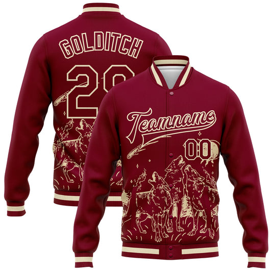 Custom Maroon Cream Wolf Fullmoon Party 3D Pattern Design Bomber Full-Snap Varsity Letterman Jacket - Main View