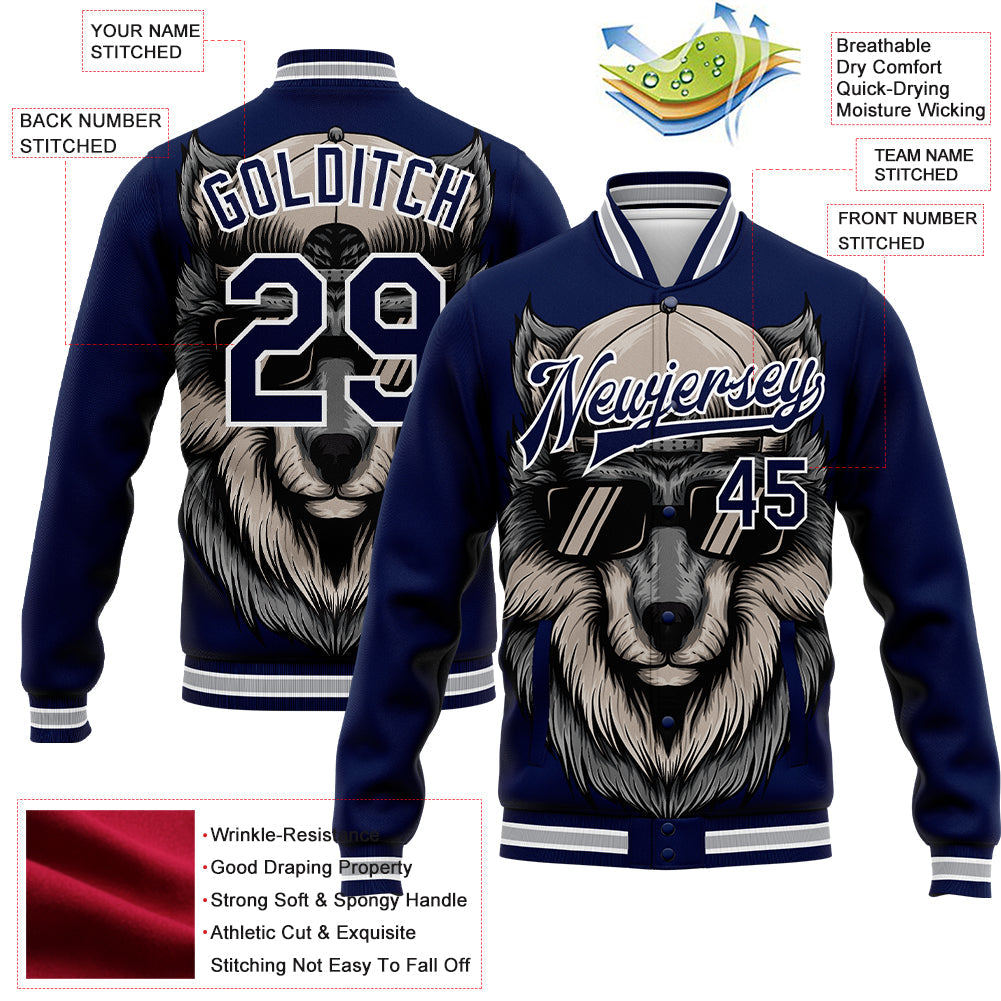 Custom Navy White-Gray Wolf 3D Pattern Design Bomber Full-Snap Varsity Letterman Jacket view 5