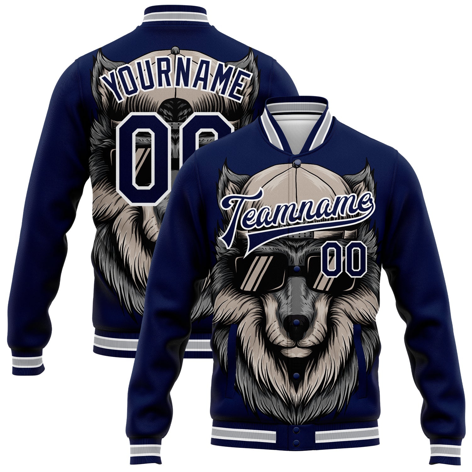 Custom Navy White-Gray Wolf 3D Pattern Design Bomber Full-Snap Varsity Letterman Jacket - Main View