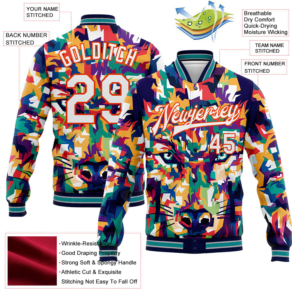 Custom Navy White-Orange Colorful Wolf 3D Pattern Design Bomber Full-Snap Varsity Letterman Jacket view 5