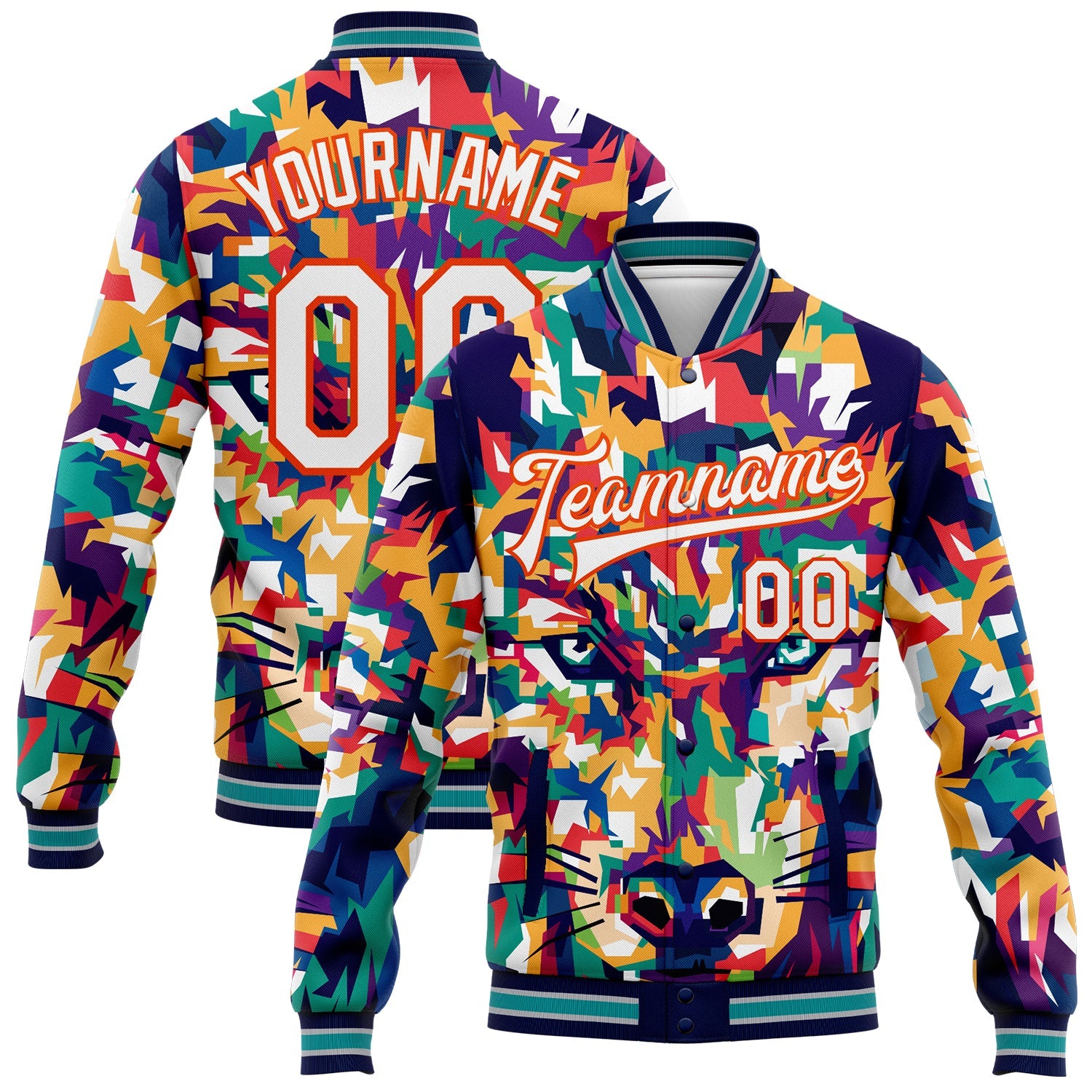 Custom Navy White-Orange Colorful Wolf 3D Pattern Design Bomber Full-Snap Varsity Letterman Jacket - Main View