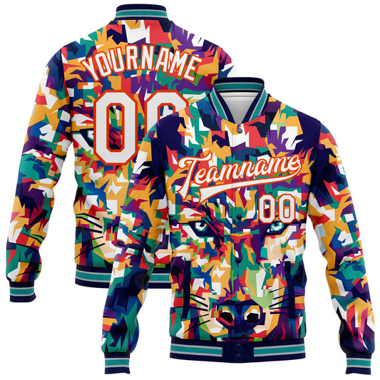 Custom Navy White-Orange Colorful Wolf 3D Pattern Design Bomber Full-Snap Varsity Letterman Jacket - Main View