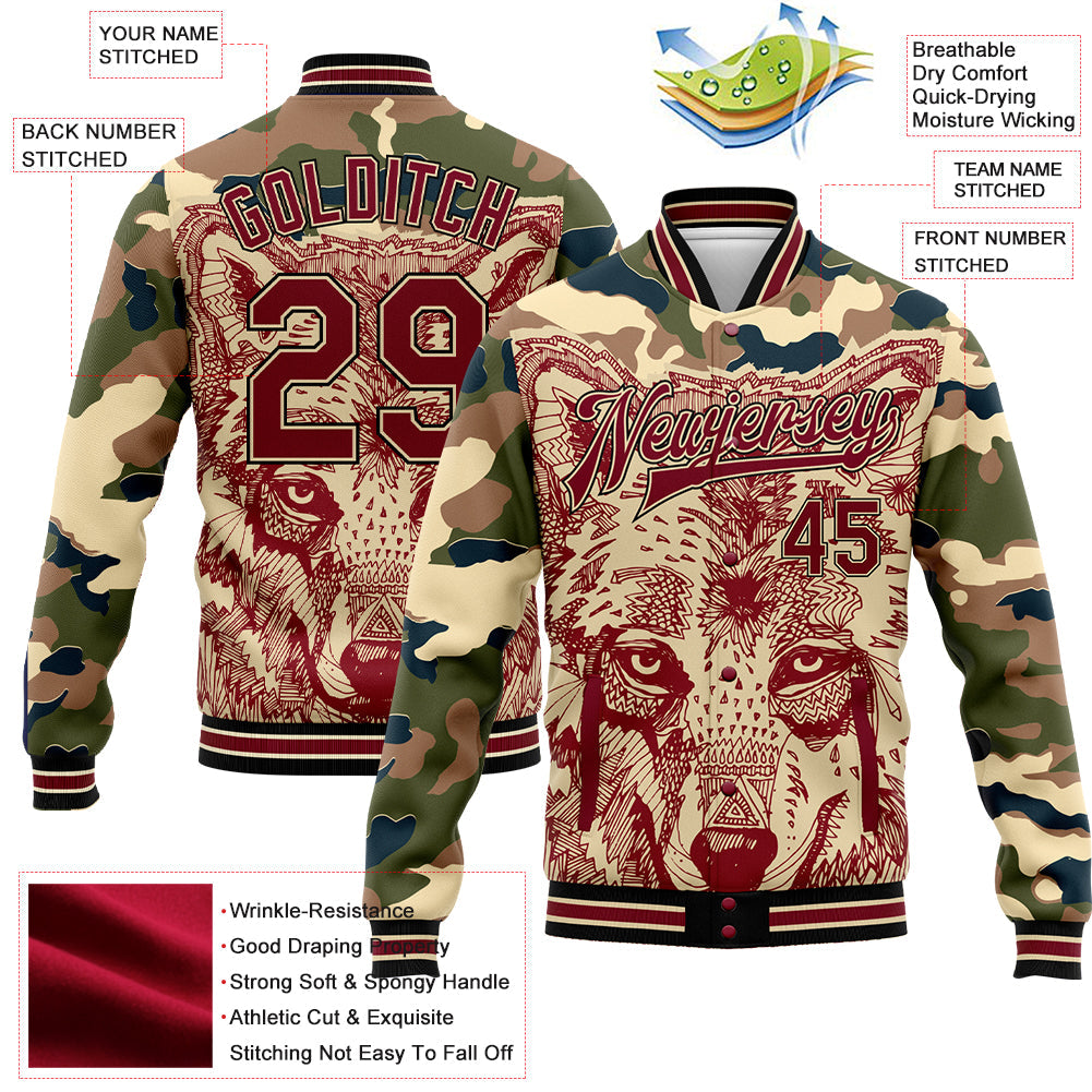 Custom Camo Crimson City Cream-Black Wolf 3D Pattern Design Bomber Full-Snap Varsity Letterman Salute To Service Jacket view 5