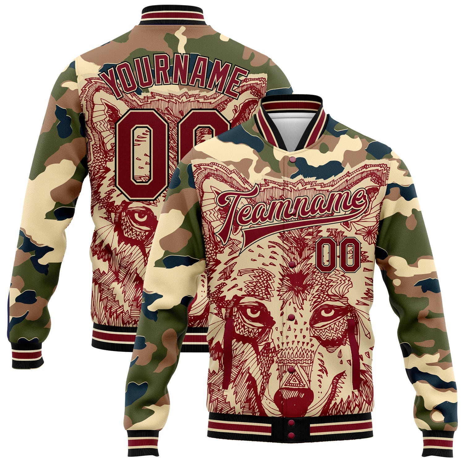 Custom Camo Crimson City Cream-Black Wolf 3D Pattern Design Bomber Full-Snap Varsity Letterman Salute To Service Jacket - Main View