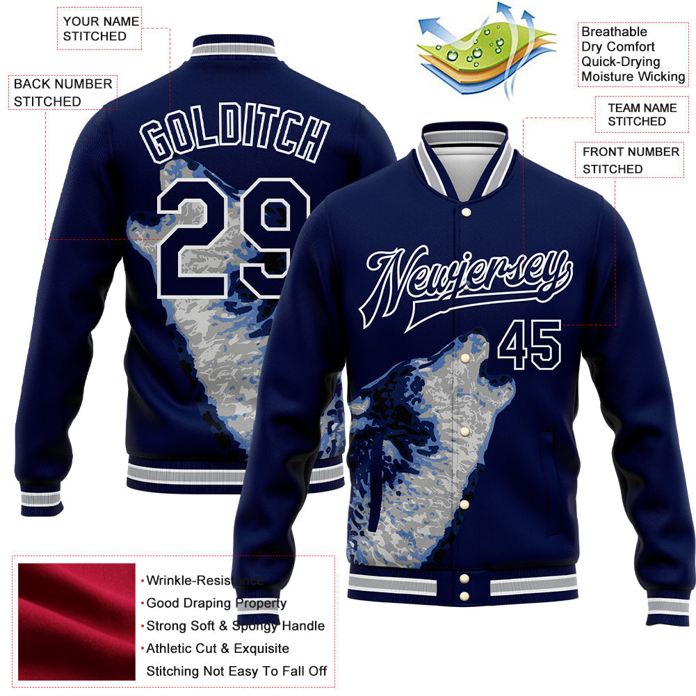 Custom Navy White-Gray Wolf Howling 3D Pattern Design Bomber Full-Snap Varsity Letterman Jacket view 5