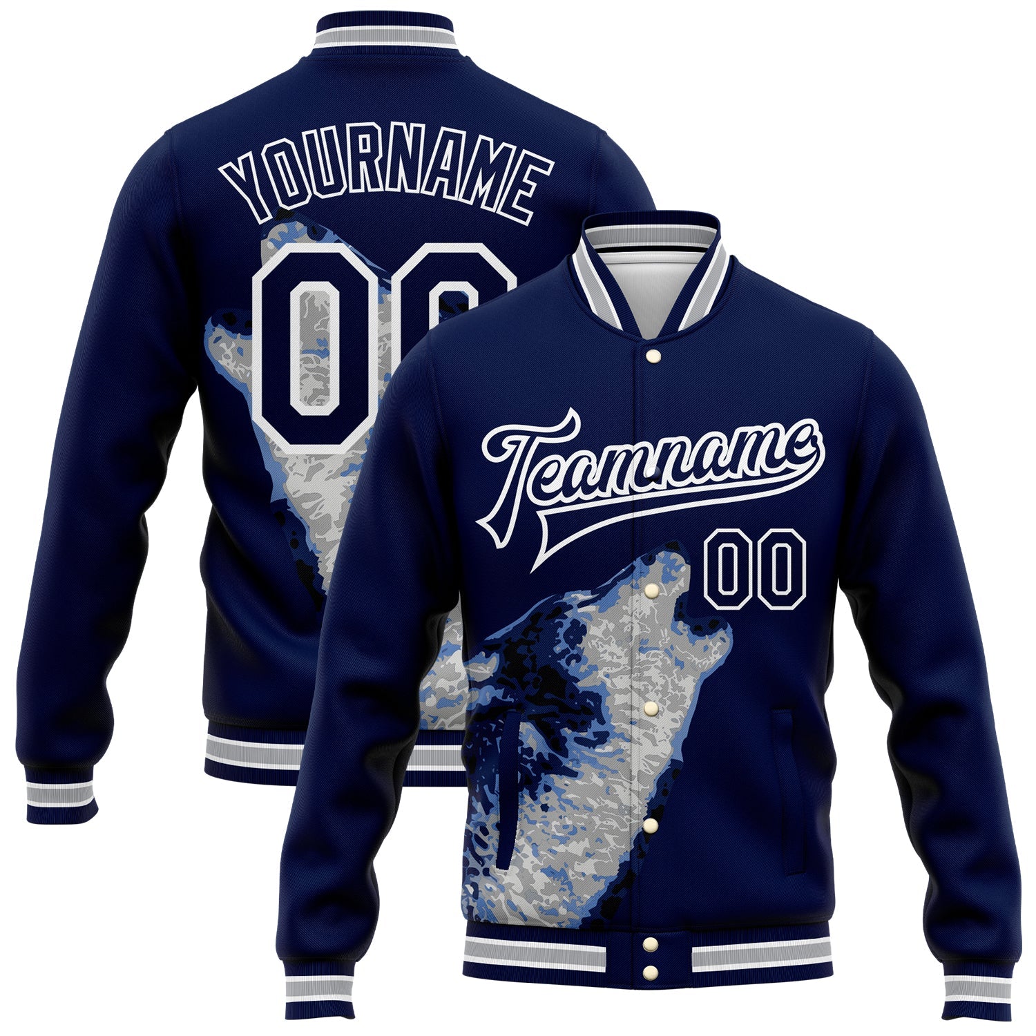 Custom Navy White-Gray Wolf Howling 3D Pattern Design Bomber Full-Snap Varsity Letterman Jacket - Main View