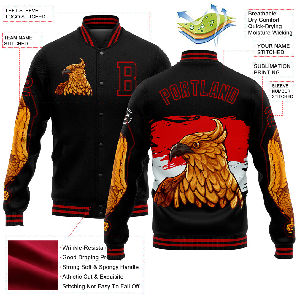 Custom Black Red Bangkok Rooster 3D Pattern Design Bomber Full-Snap Varsity Letterman Jacket view 5