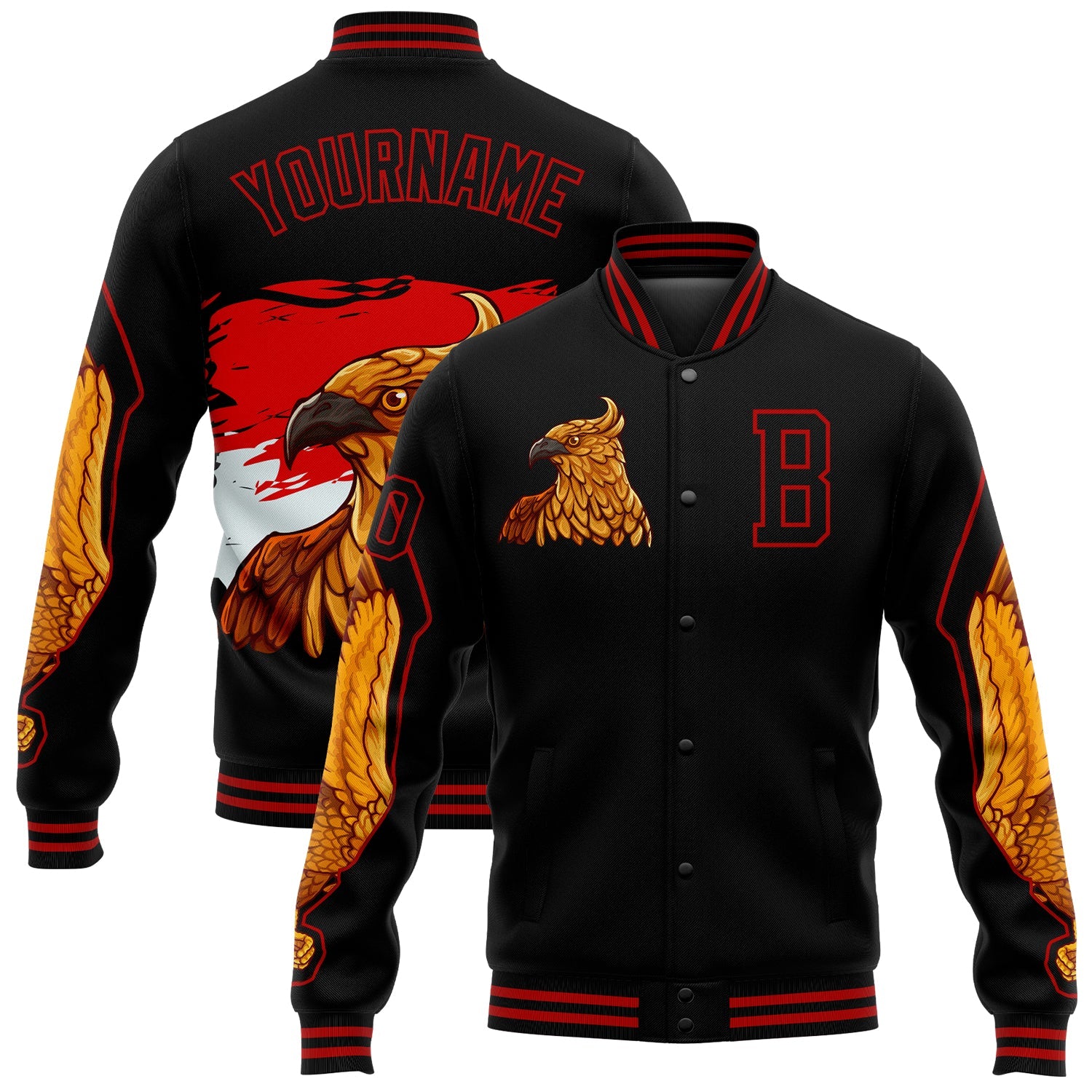 Custom Black Red Bangkok Rooster 3D Pattern Design Bomber Full-Snap Varsity Letterman Jacket - Main View