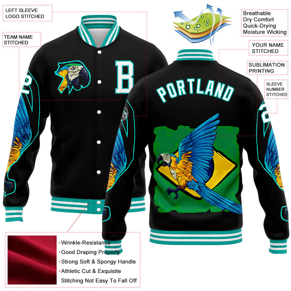 Custom Black White-Aqua Parrot 3D Pattern Design Bomber Full-Snap Varsity Letterman Jacket view 5