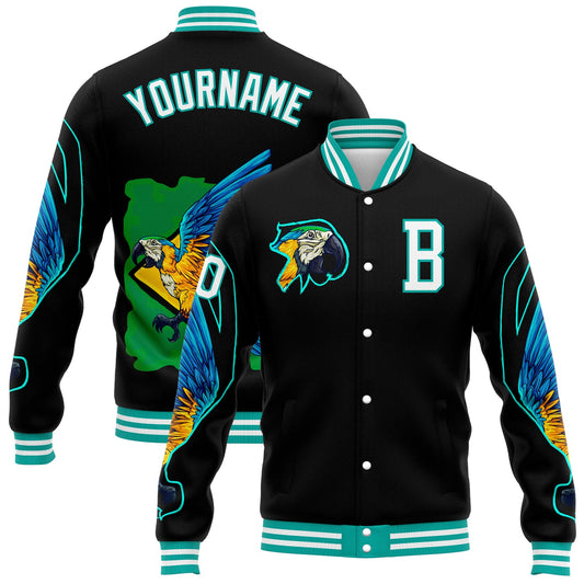Custom Black White-Aqua Parrot 3D Pattern Design Bomber Full-Snap Varsity Letterman Jacket - Main View