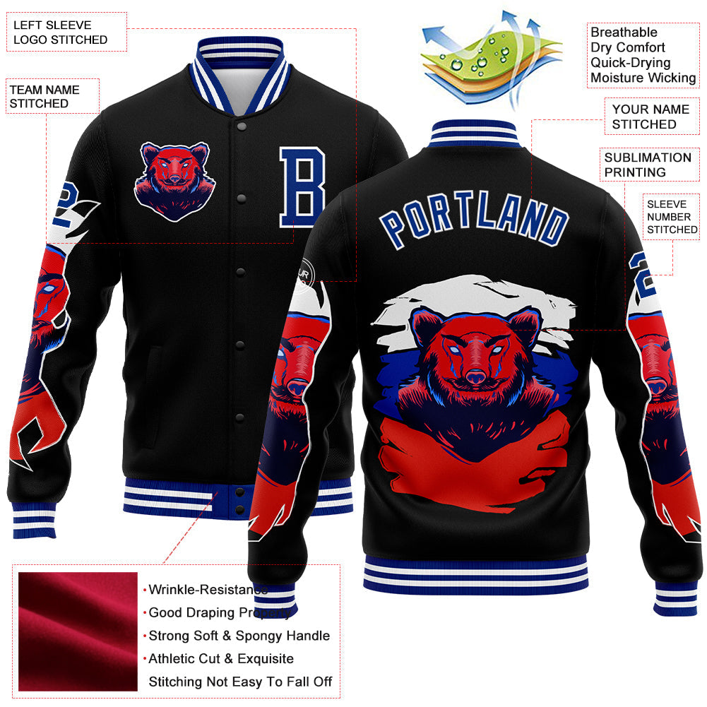 Custom Black Royal-White Bear 3D Pattern Design Bomber Full-Snap Varsity Letterman Jacket view 5