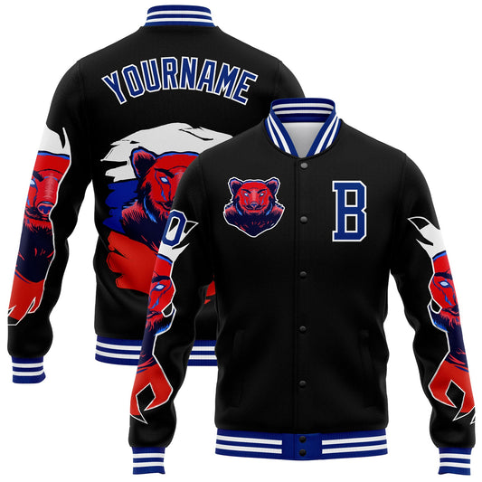 Custom Black Royal-White Bear 3D Pattern Design Bomber Full-Snap Varsity Letterman Jacket - Main View