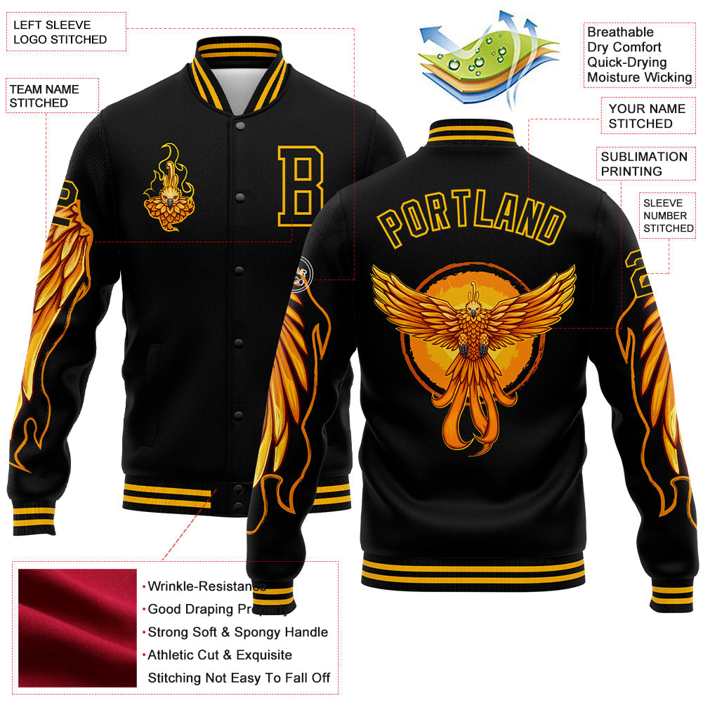 Custom Black Gold Fire Phoenix 3D Pattern Design Bomber Full-Snap Varsity Letterman Jacket view 5