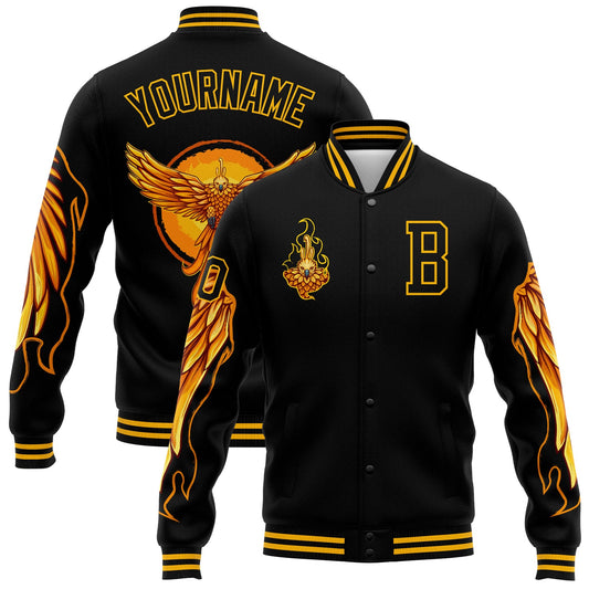 Custom Black Gold Fire Phoenix 3D Pattern Design Bomber Full-Snap Varsity Letterman Jacket - Main View