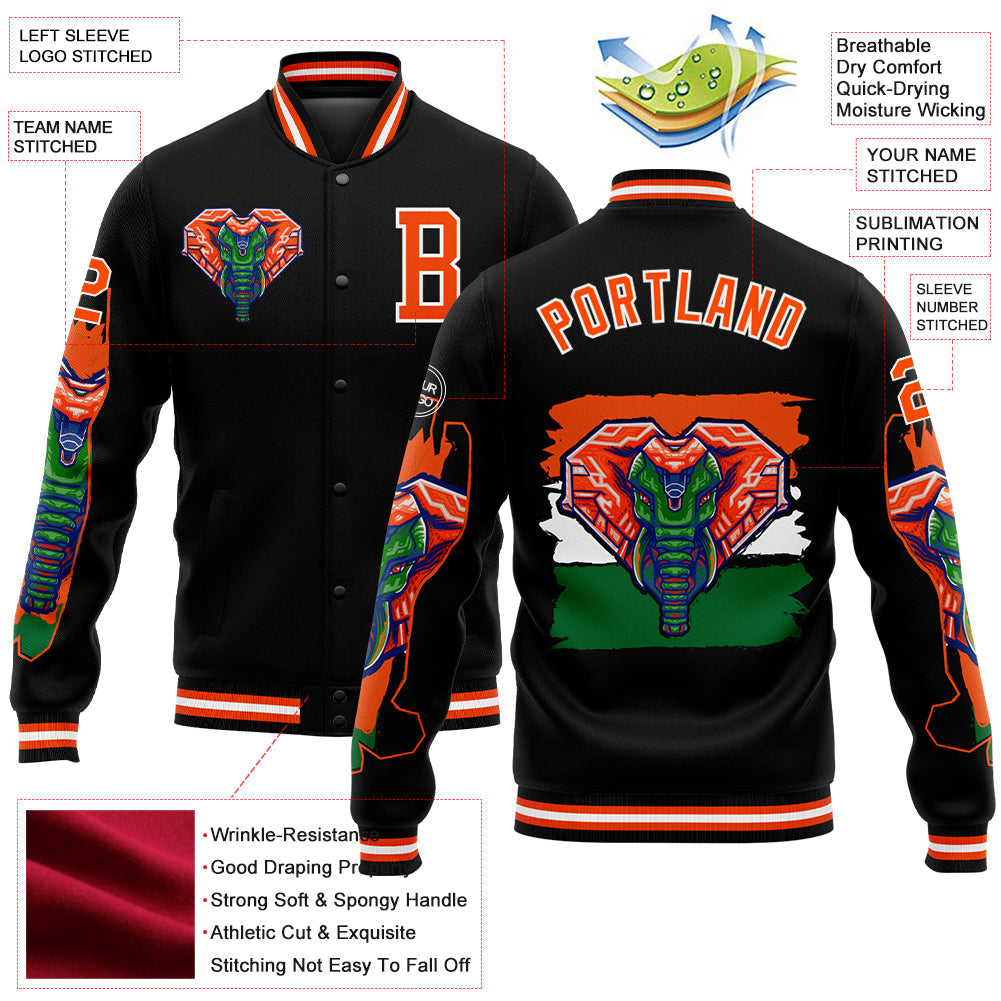 Custom Black Orange-White Elephant 3D Pattern Design Bomber Full-Snap Varsity Letterman Jacket view 5