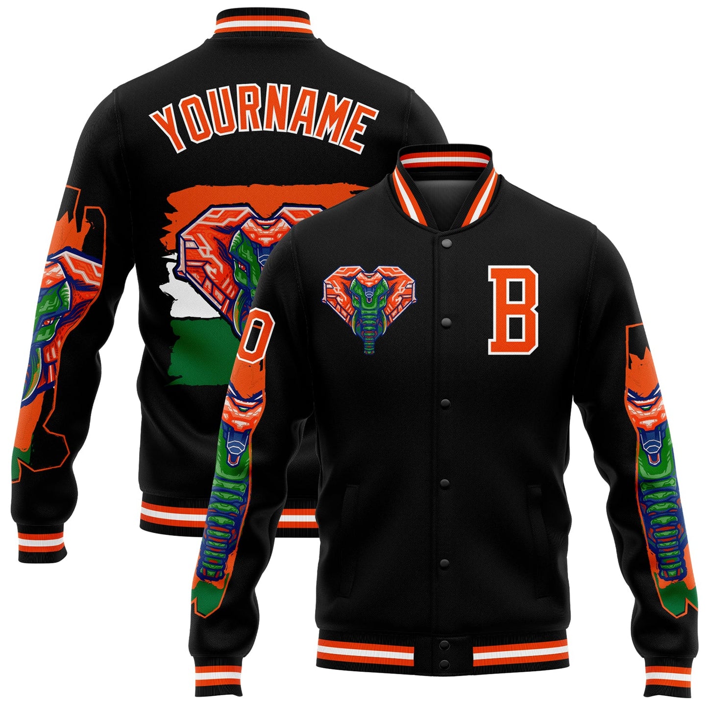 Custom Black Orange-White Elephant 3D Pattern Design Bomber Full-Snap Varsity Letterman Jacket - Main View