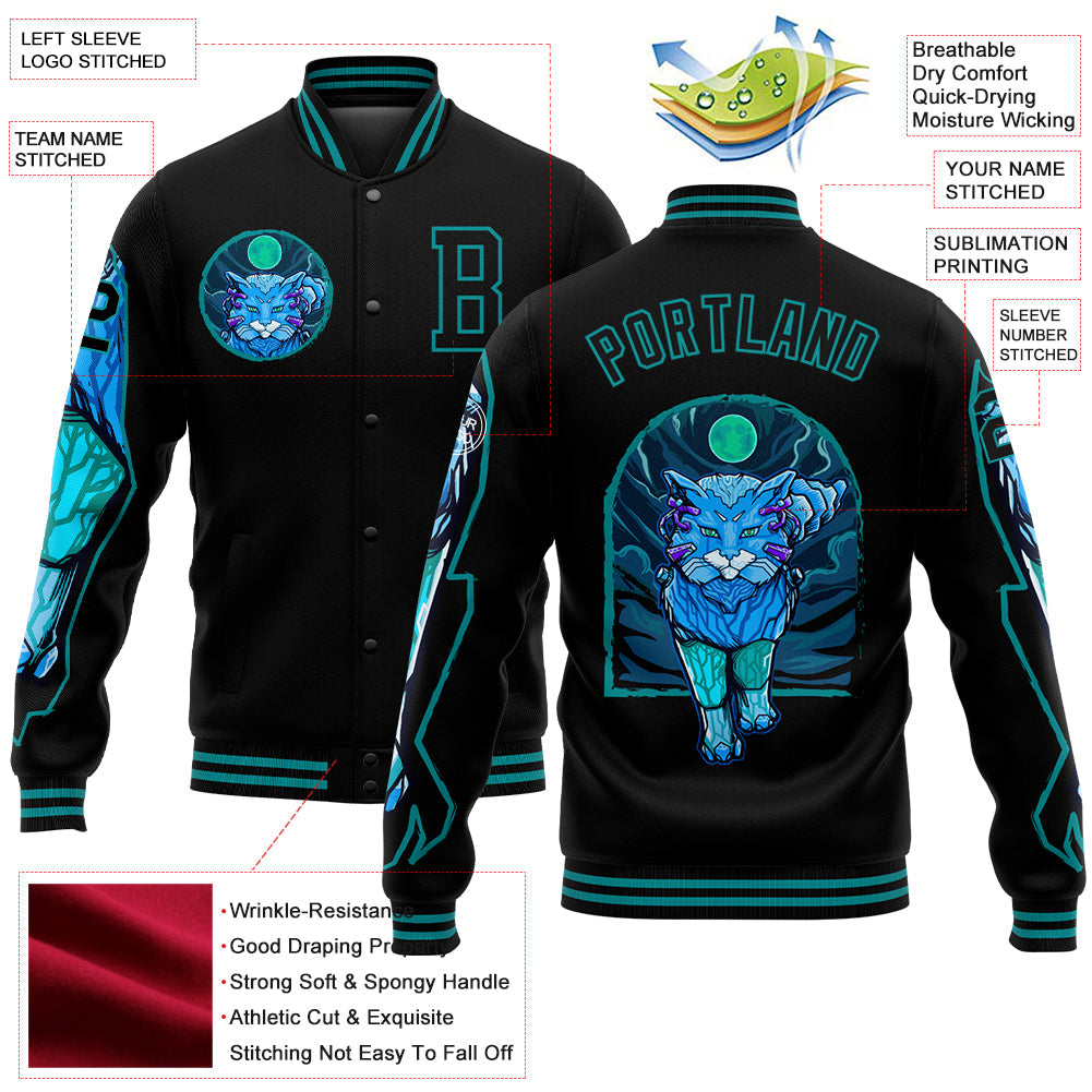Custom Black Teal Leopard 3D Pattern Design Bomber Full-Snap Varsity Letterman Jacket view 5