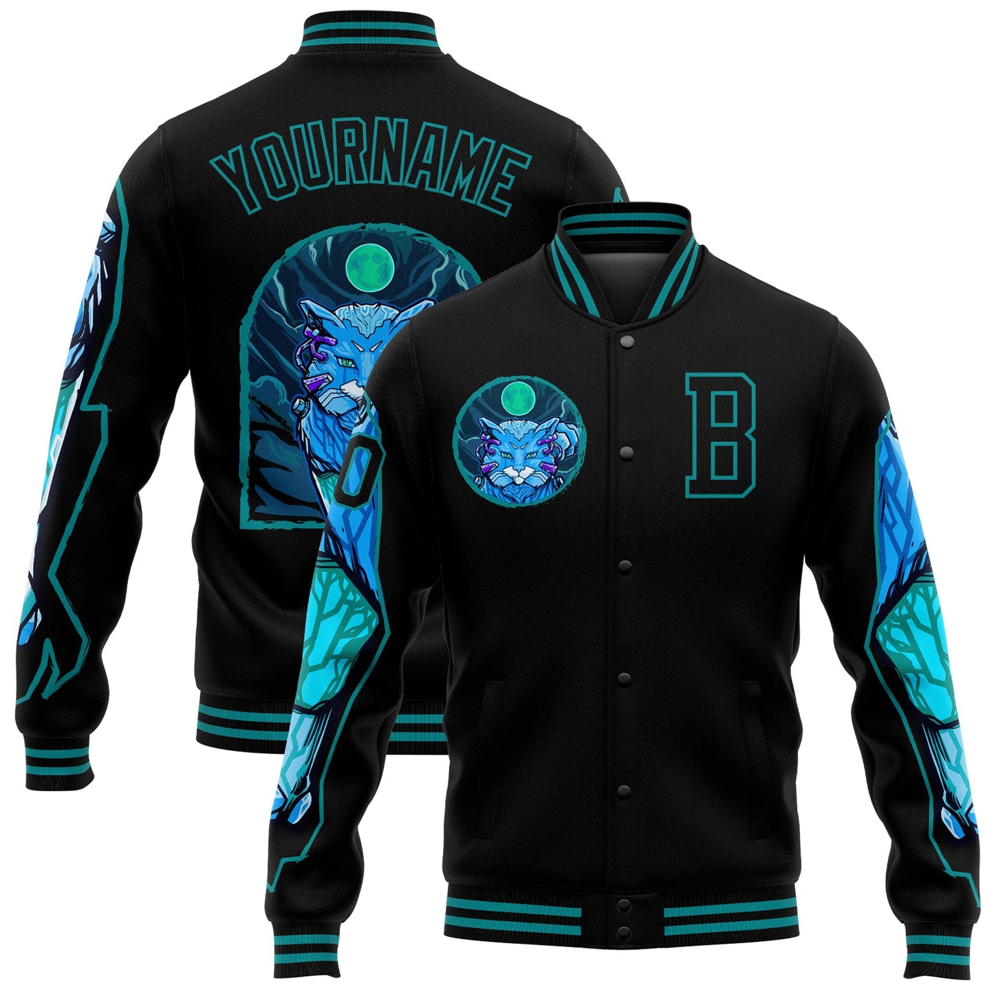 Custom Black Teal Leopard 3D Pattern Design Bomber Full-Snap Varsity Letterman Jacket - Main View