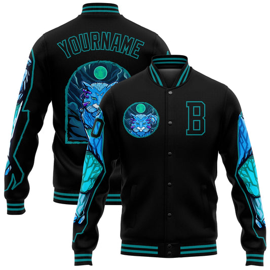 Custom Black Teal Leopard 3D Pattern Design Bomber Full-Snap Varsity Letterman Jacket - Main View