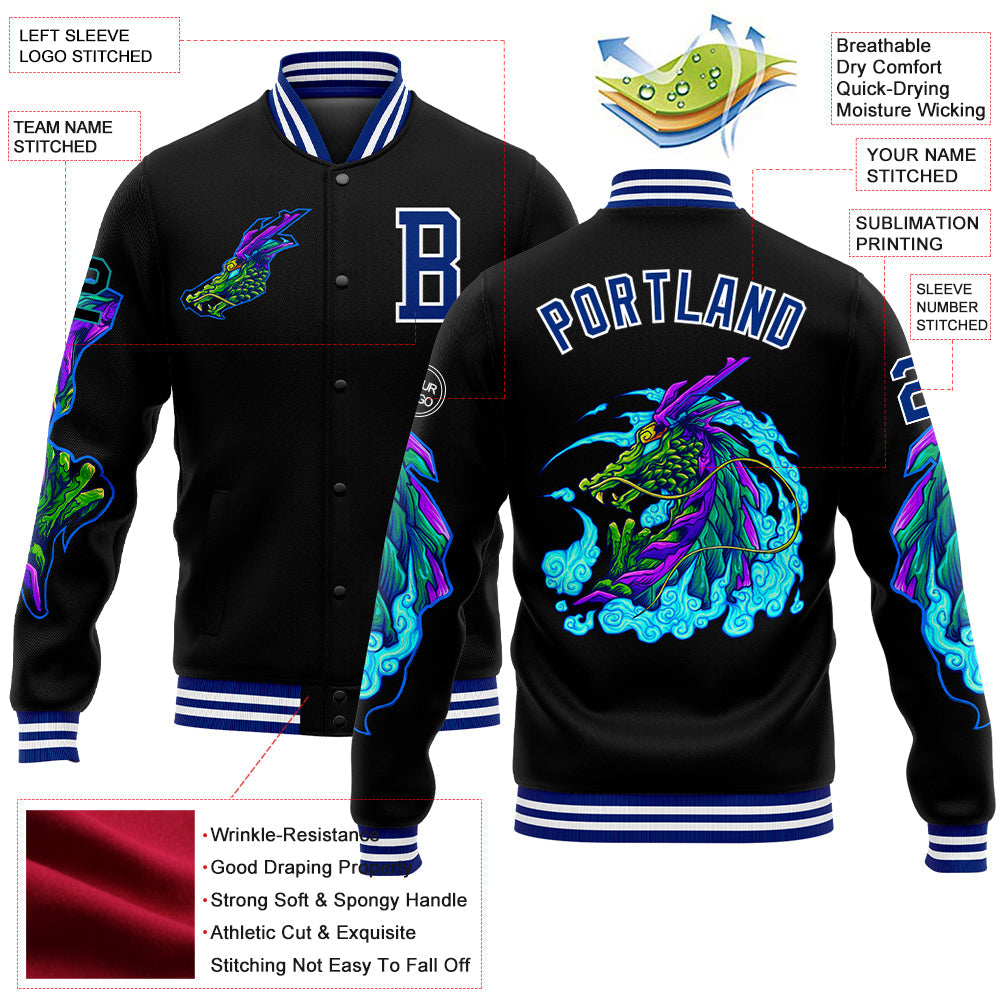 Custom Black Royal-White Dragon 3D Pattern Design Bomber Full-Snap Varsity Letterman Jacket view 5