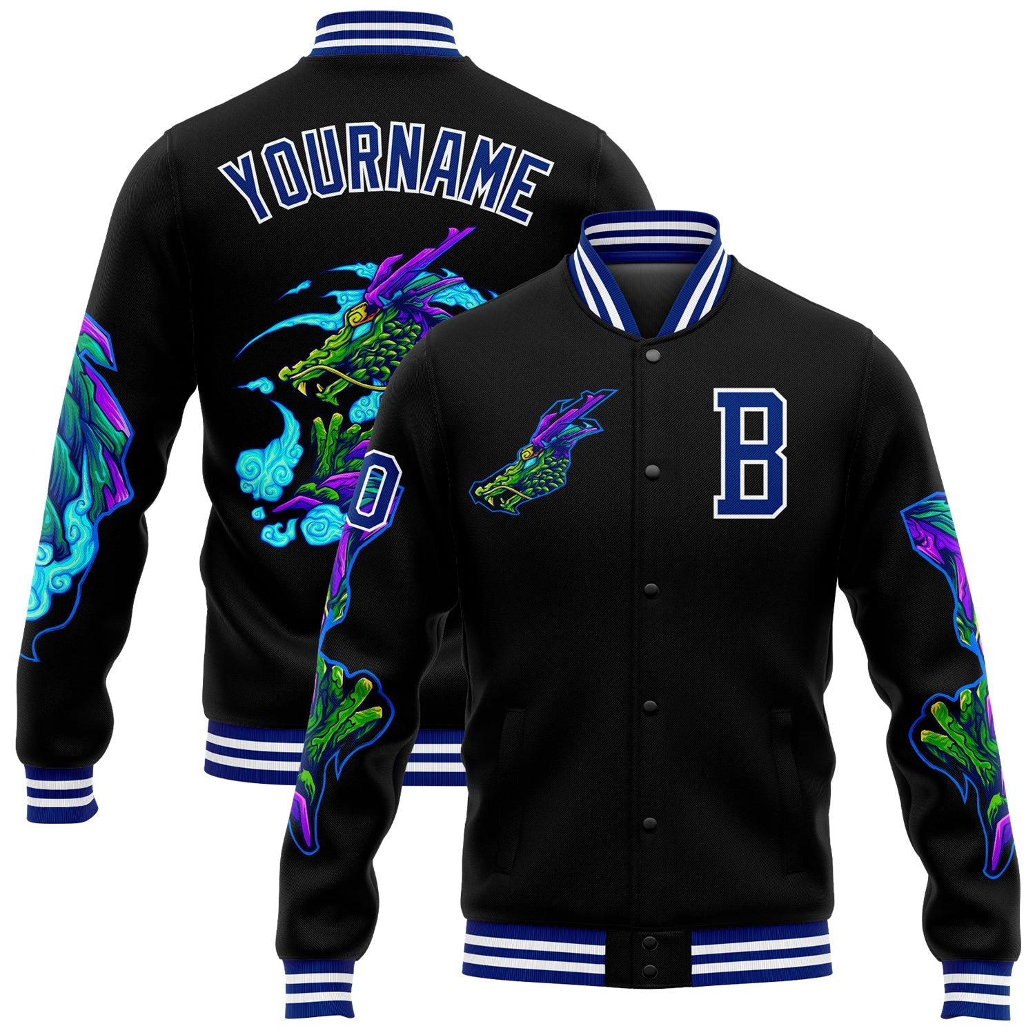Custom Black Royal-White Dragon 3D Pattern Design Bomber Full-Snap Varsity Letterman Jacket - Main View