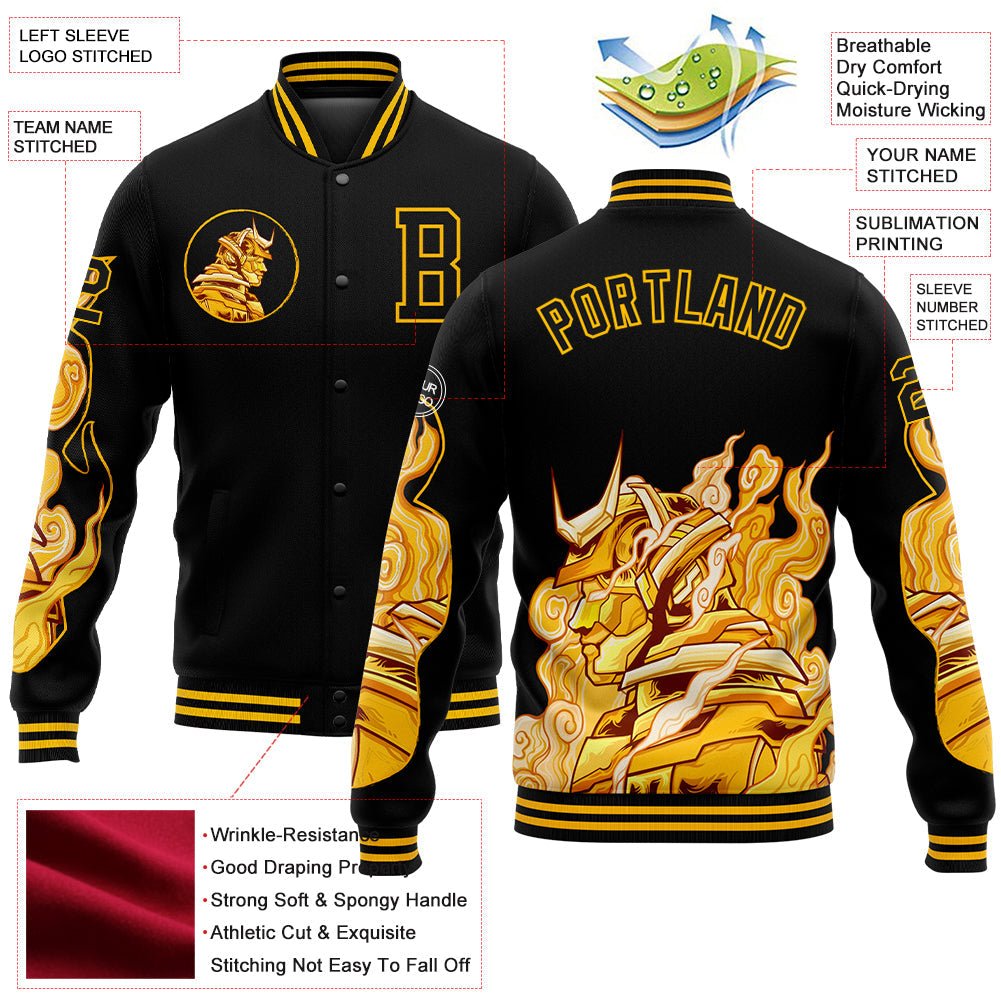 Custom Black Gold Courage Samurai 3D Pattern Design Bomber Full-Snap Varsity Letterman Jacket view 5
