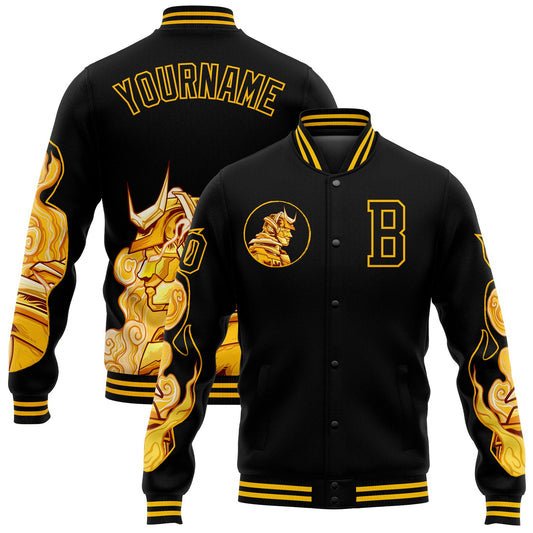 Custom Black Gold Courage Samurai 3D Pattern Design Bomber Full-Snap Varsity Letterman Jacket - Main View