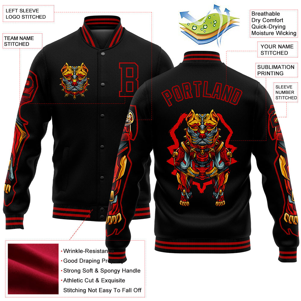 Custom Black Red Dog 3D Pattern Design Bomber Full-Snap Varsity Letterman Jacket view 5