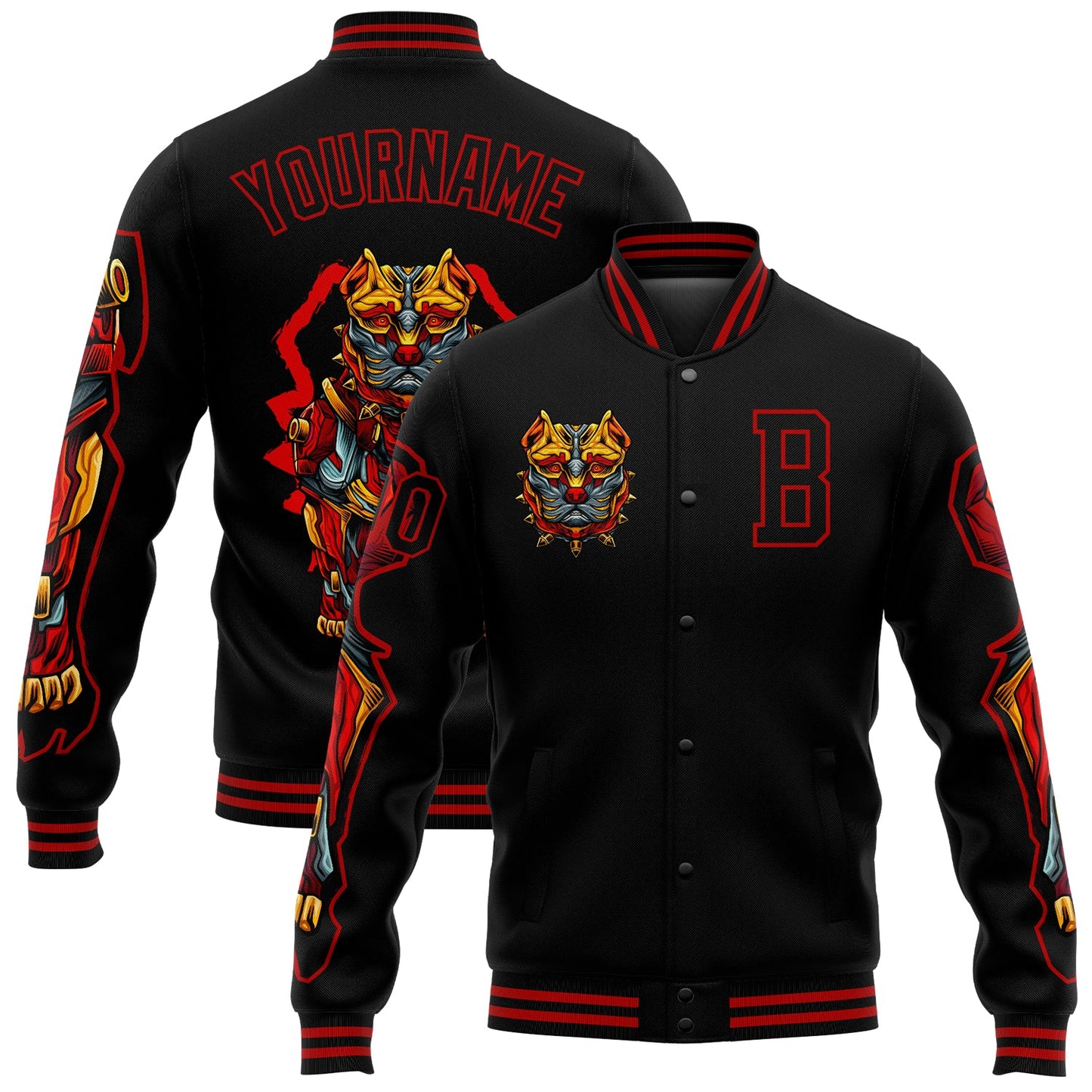 Custom Black Red Dog 3D Pattern Design Bomber Full-Snap Varsity Letterman Jacket - Main View