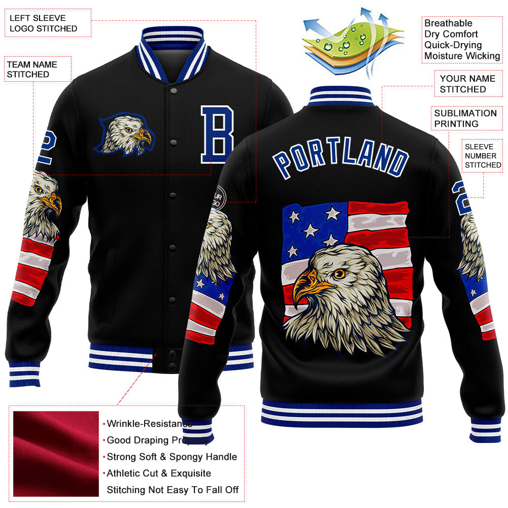Custom Black Royal-White Eagle And American Flag 3D Pattern Design Bomber Full-Snap Varsity Letterman Jacket view 5