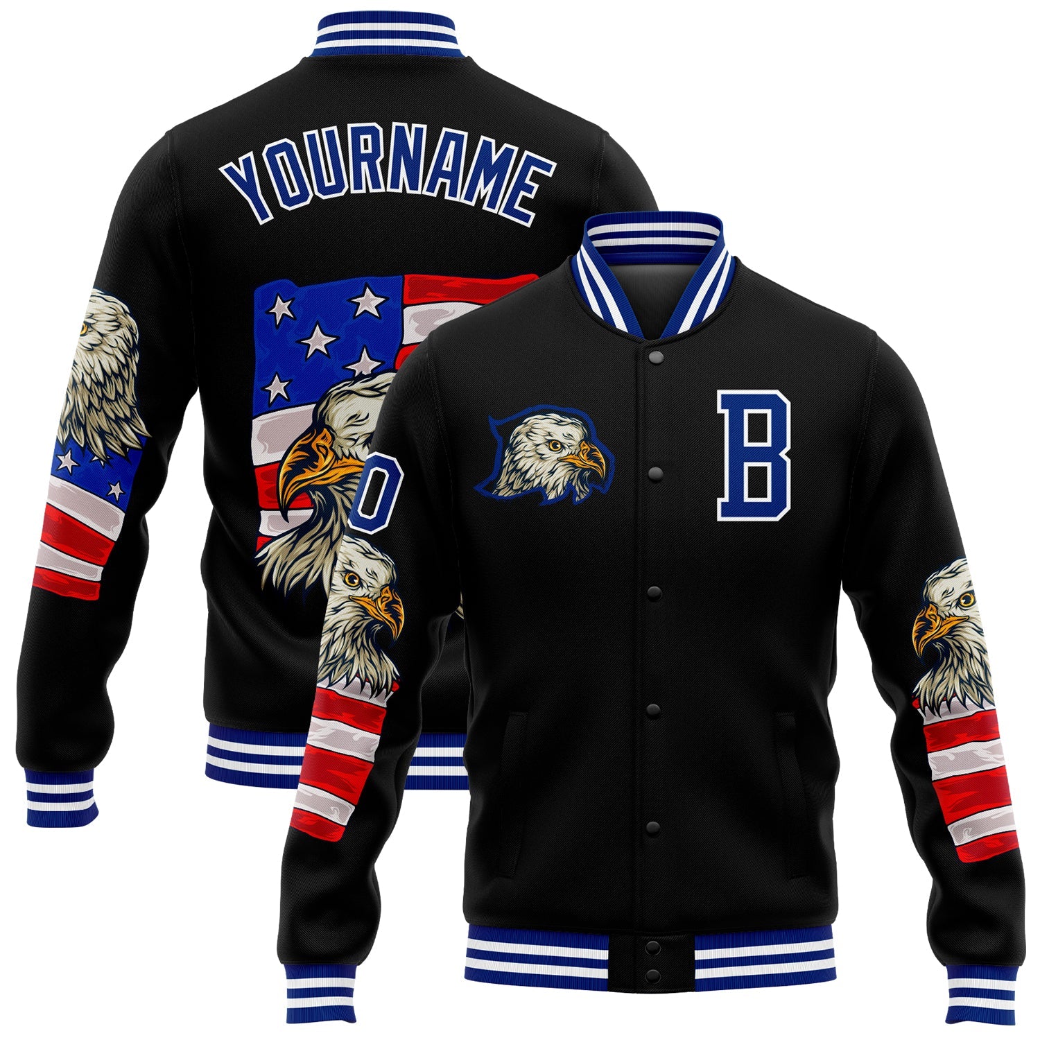 Custom Black Royal-White Eagle And American Flag 3D Pattern Design Bomber Full-Snap Varsity Letterman Jacket - Main View