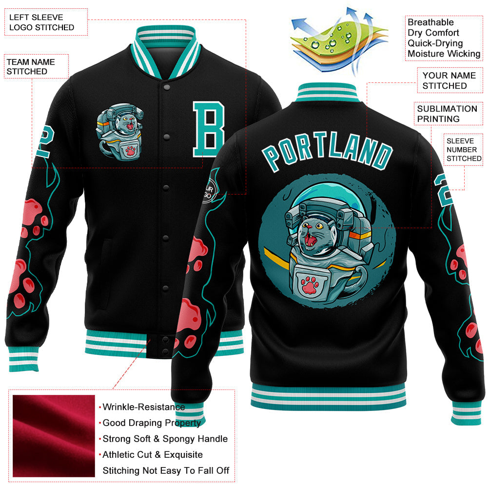 Custom Black Aqua-White Seated Cat 3D Pattern Design Bomber Full-Snap Varsity Letterman Jacket view 5