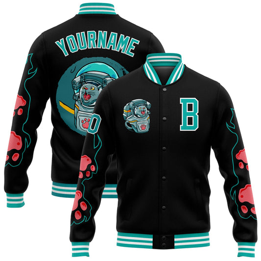 Custom Black Aqua-White Seated Cat 3D Pattern Design Bomber Full-Snap Varsity Letterman Jacket - Main View