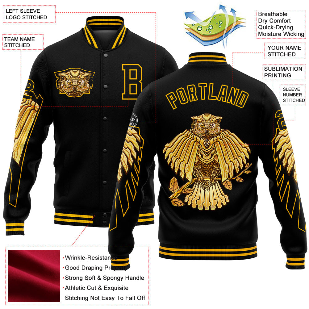 Custom Black Gold Owl 3D Pattern Design Bomber Full-Snap Varsity Letterman Jacket view 5