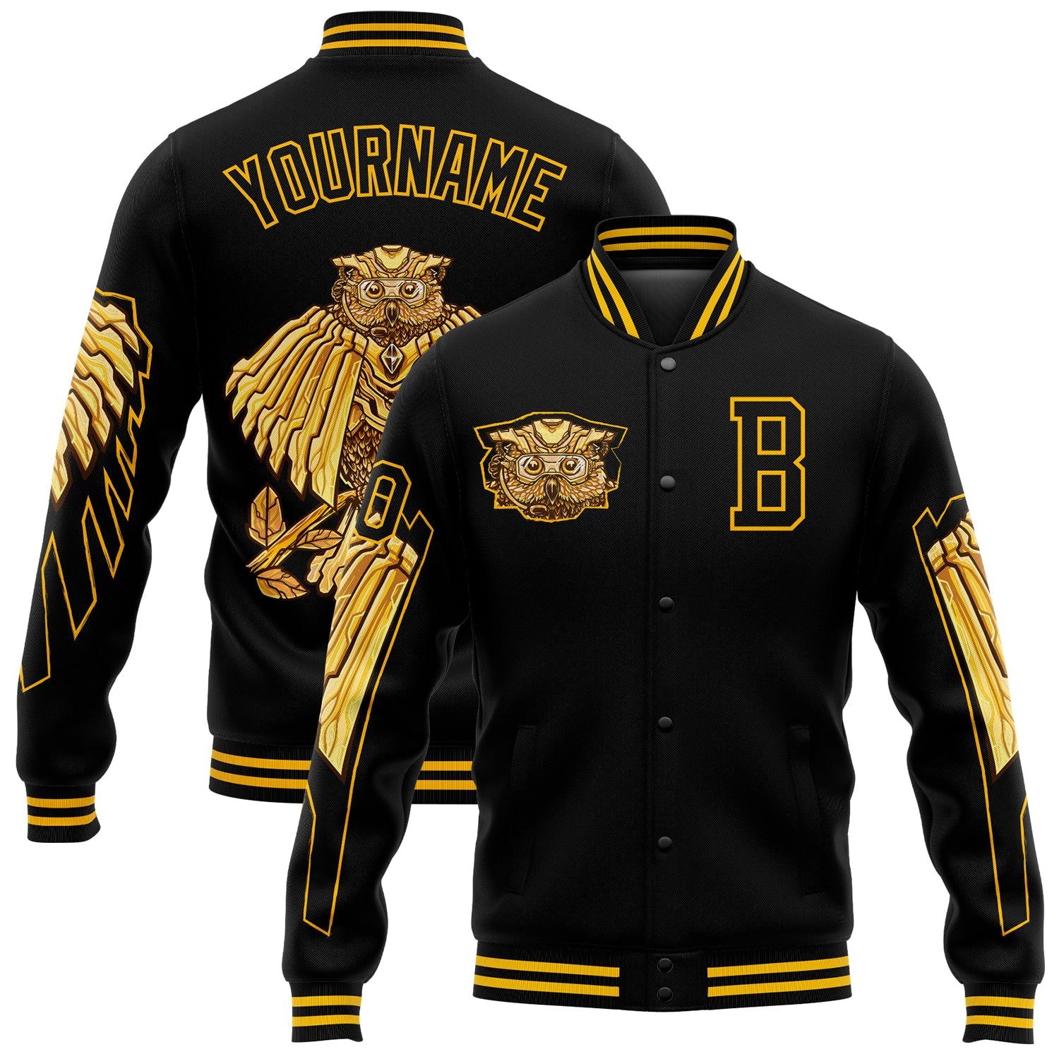 Custom Black Gold Owl 3D Pattern Design Bomber Full-Snap Varsity Letterman Jacket - Main View