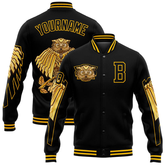 Custom Black Gold Owl 3D Pattern Design Bomber Full-Snap Varsity Letterman Jacket - Main View
