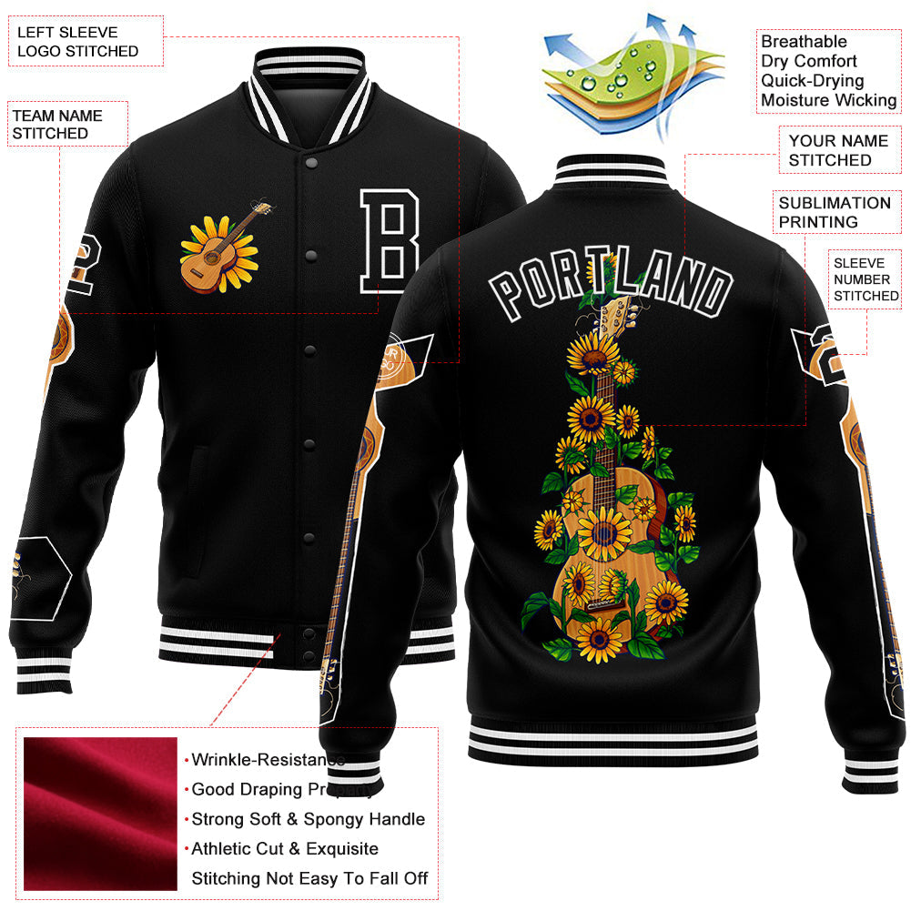 Custom Black White Guitar 3D Pattern Design Bomber Full-Snap Varsity Letterman Jacket view 5