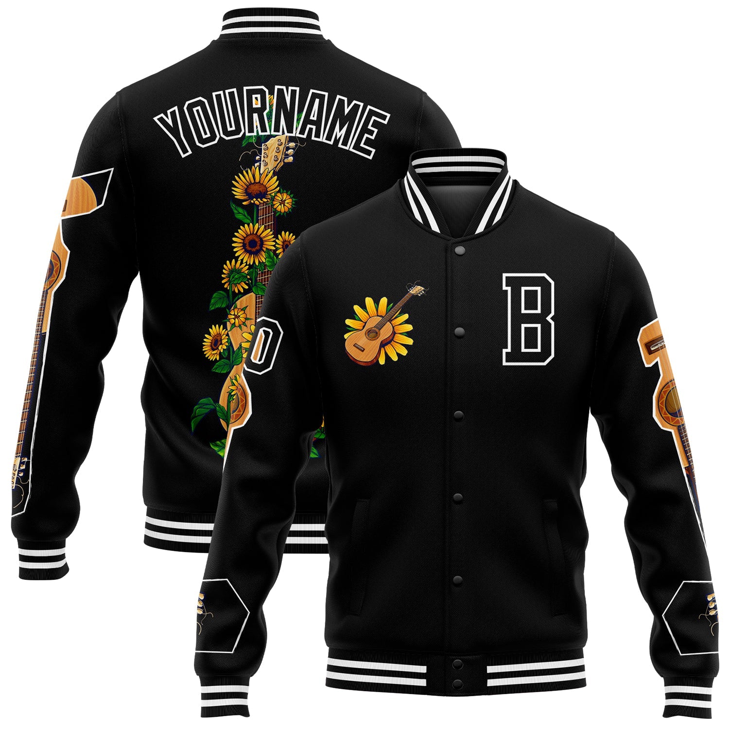 Custom Black White Guitar 3D Pattern Design Bomber Full-Snap Varsity Letterman Jacket - Main View