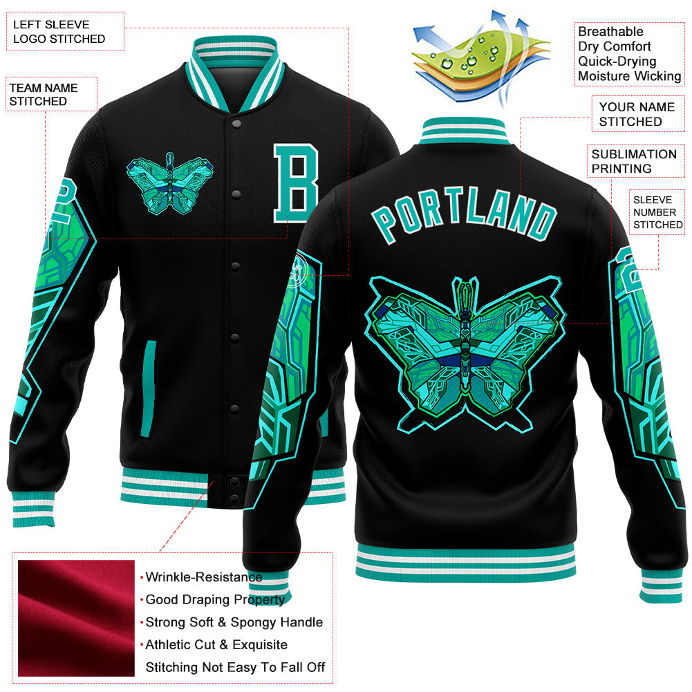 Custom Black Aqua-White Butterfly 3D Pattern Design Bomber Full-Snap Varsity Letterman Jacket view 5