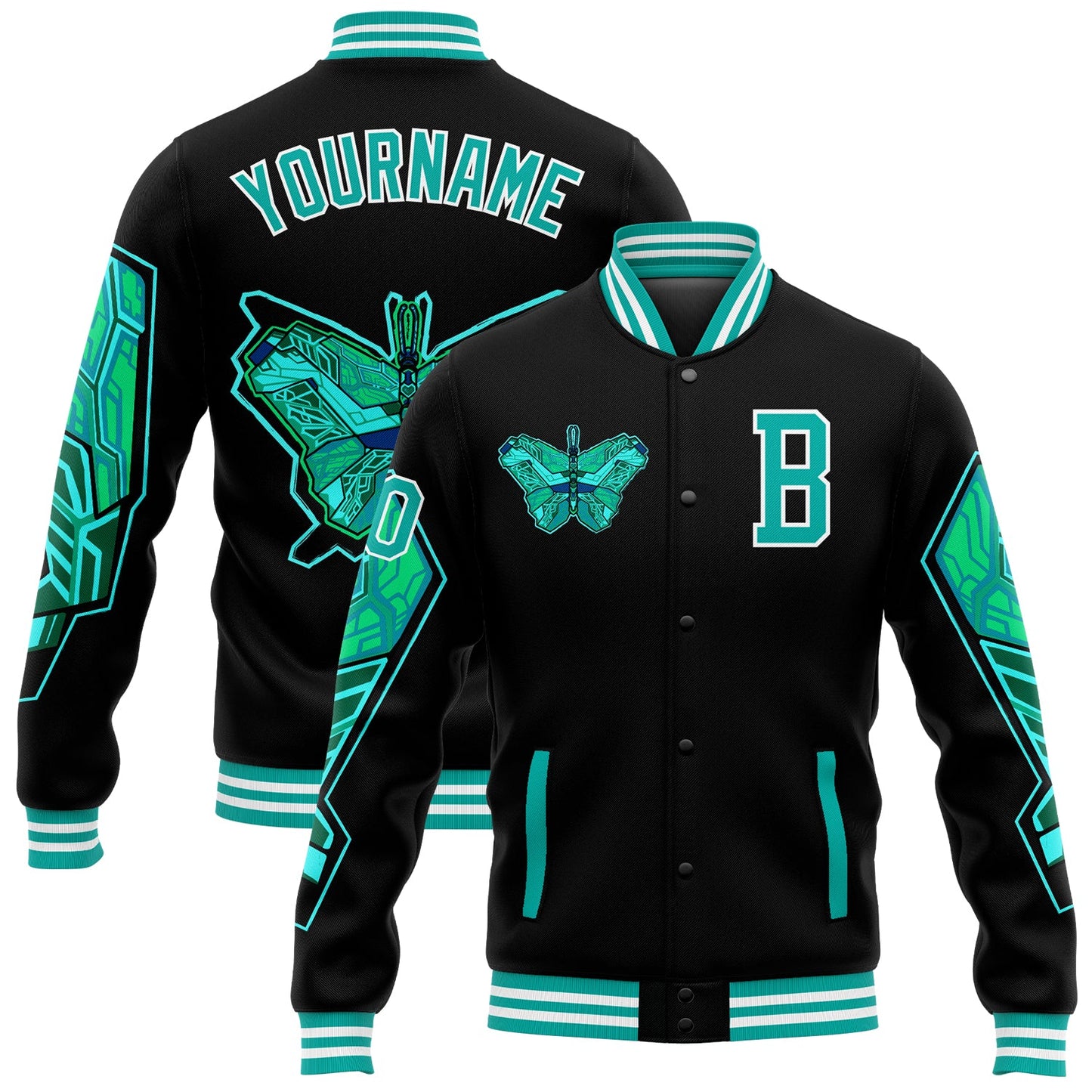 Custom Black Aqua-White Butterfly 3D Pattern Design Bomber Full-Snap Varsity Letterman Jacket - Main View