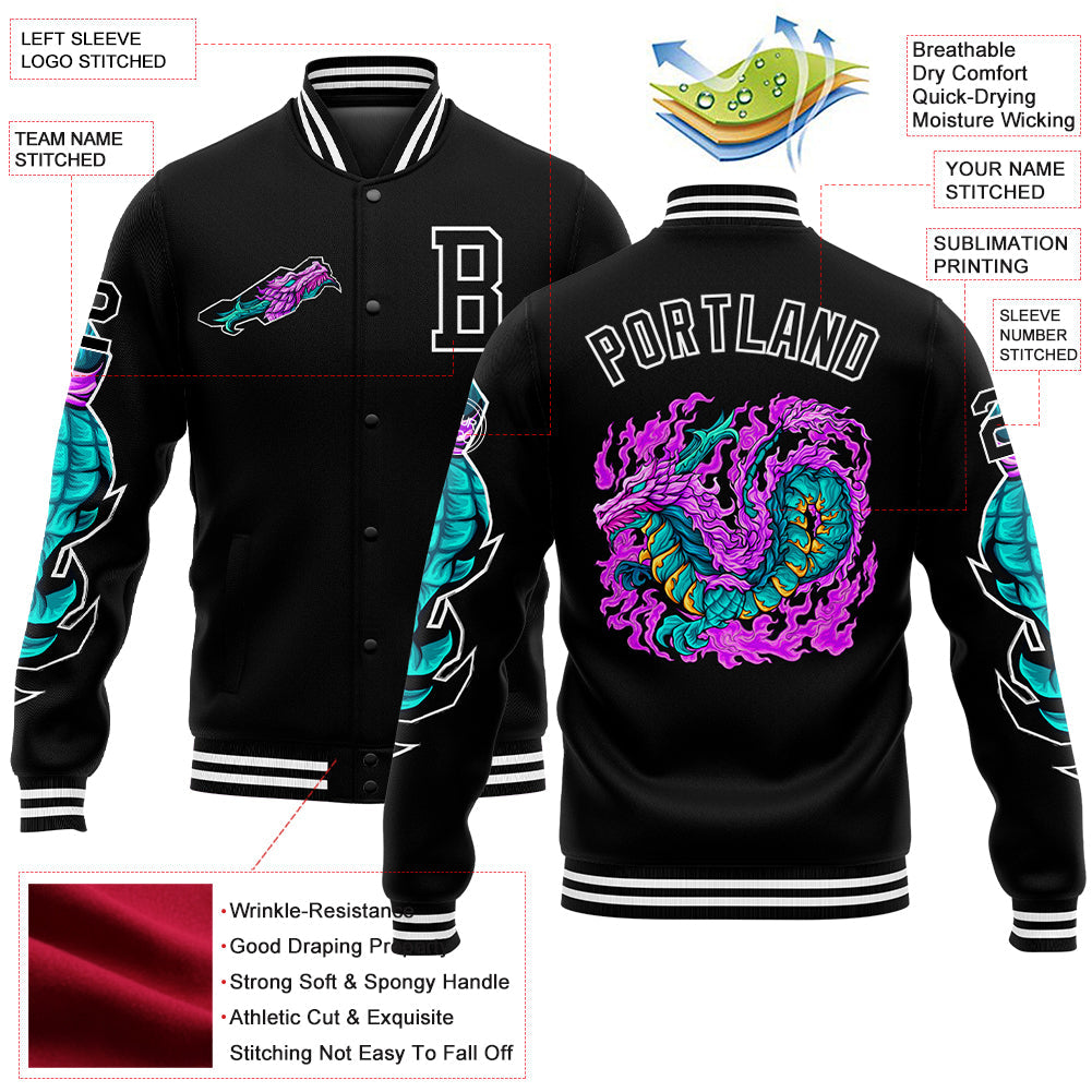 Custom Black White Dragon 3D Pattern Design Bomber Full-Snap Varsity Letterman Jacket view 5