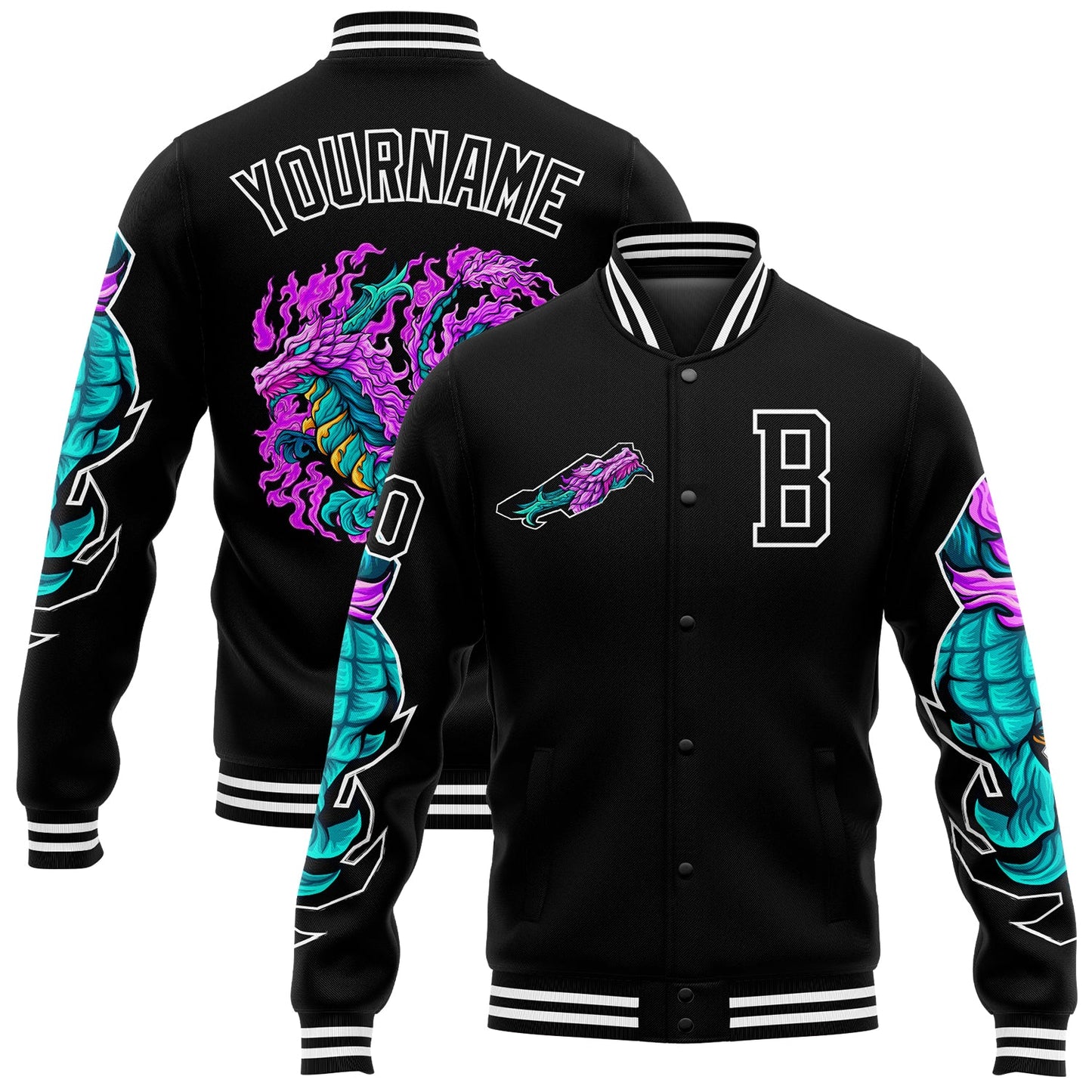 Custom Black White Dragon 3D Pattern Design Bomber Full-Snap Varsity Letterman Jacket - Main View