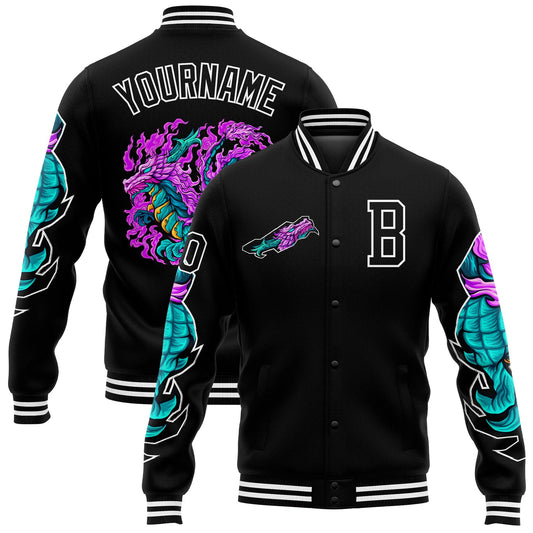 Custom Black White Dragon 3D Pattern Design Bomber Full-Snap Varsity Letterman Jacket - Main View